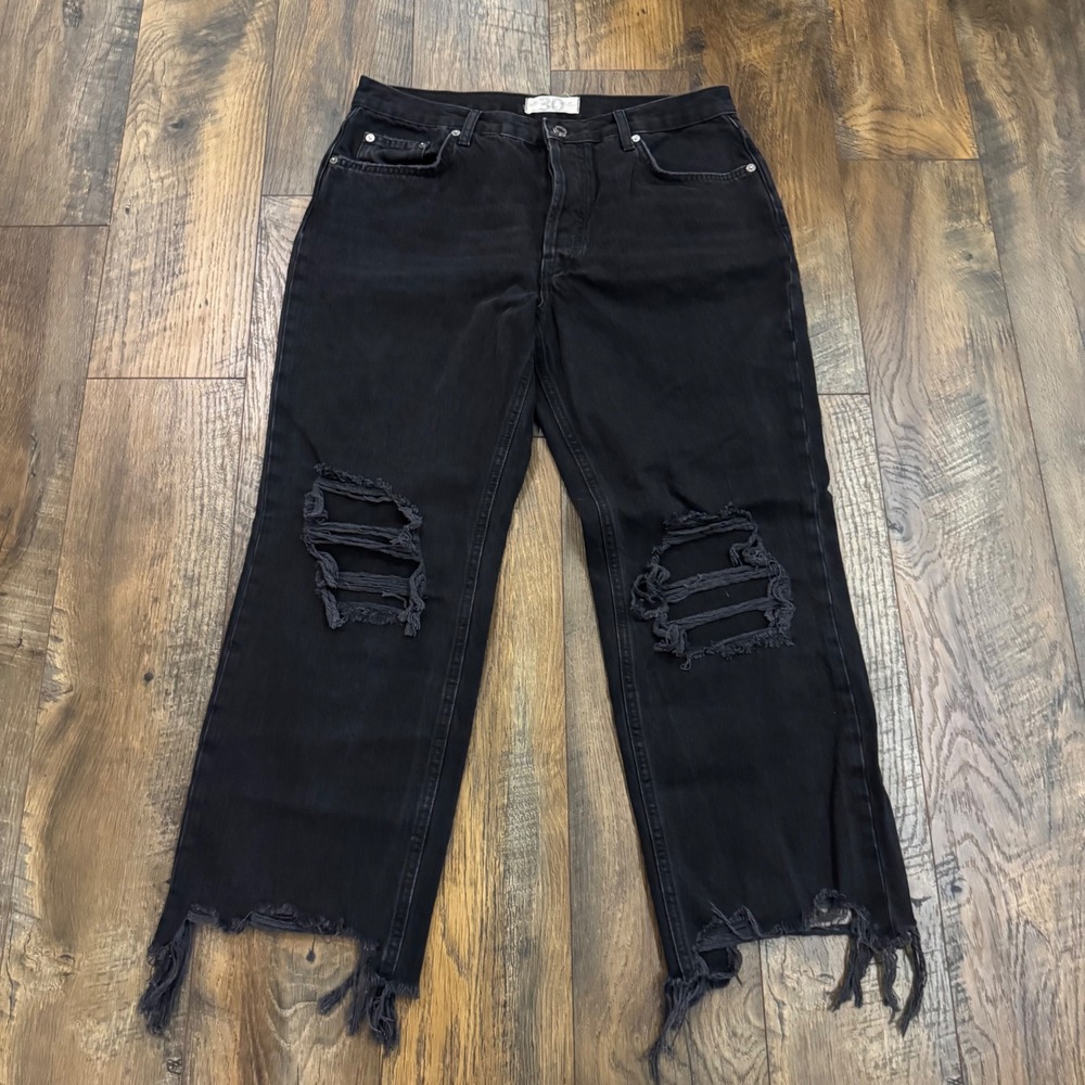 We The Free People Distressed Black Jeans Straight Leg Button Fly‎ Size 30